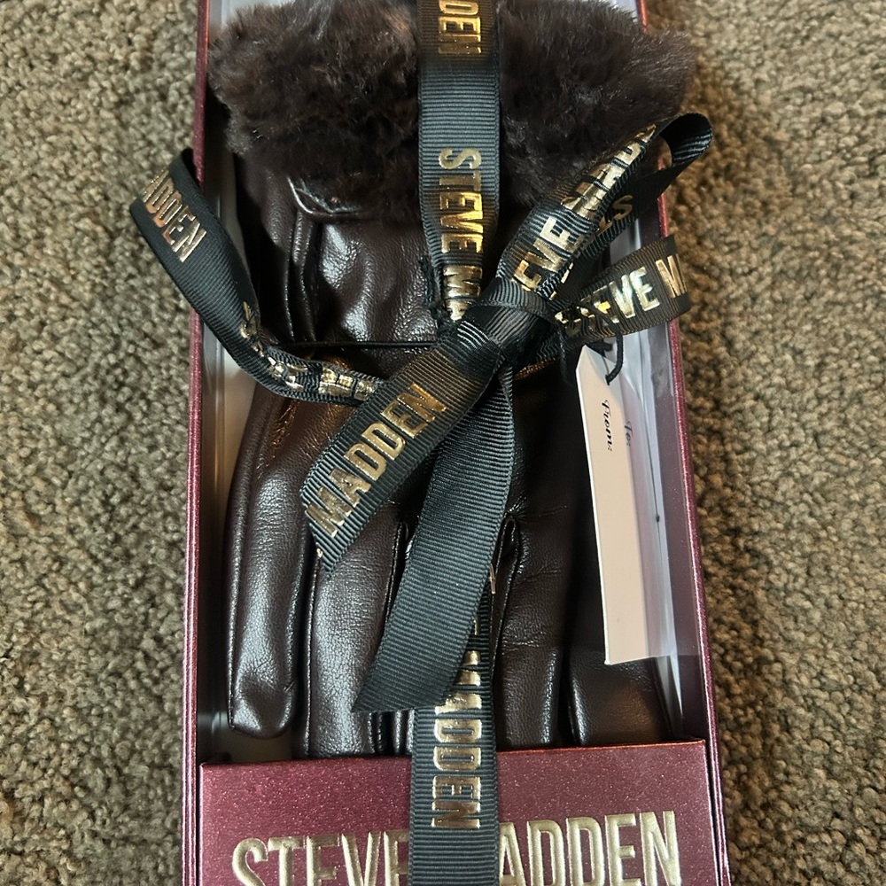 Steve Madden Dark Brown Leather Gloves with Fur Trim